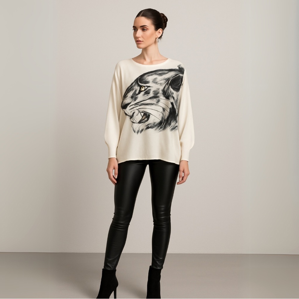 Incredible VINTAGE RAFAELLA Silk Blouse with Hand Painted Tiger Head, Big Cat